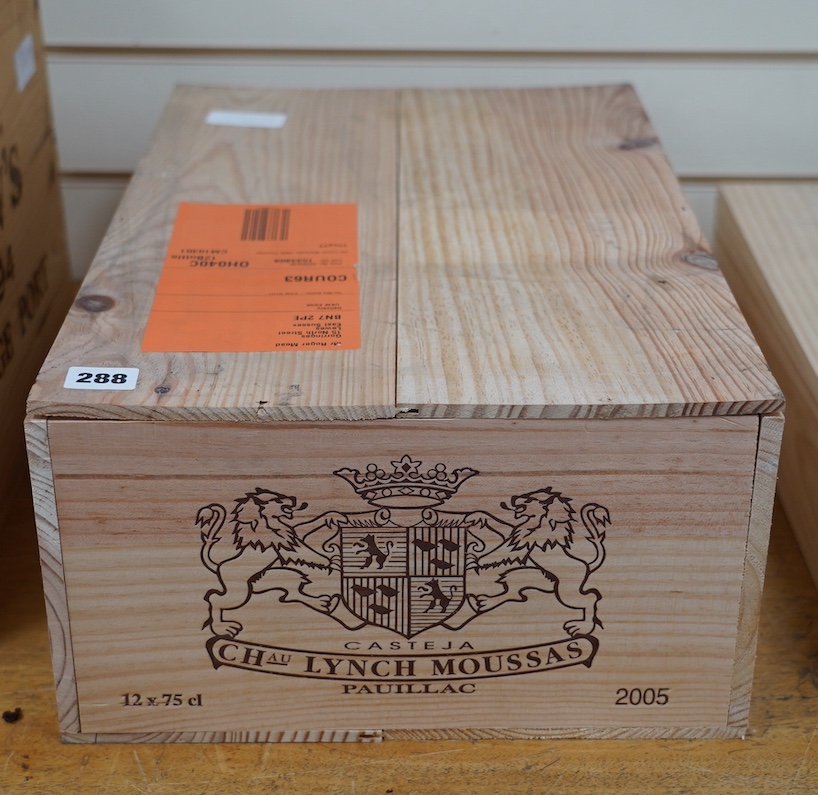 A sealed case of twelve bottles of 2005 Chateau Lynch Moussas, Pauillac, in OWC, purchased en primeur from The Wine Society. Condition - good